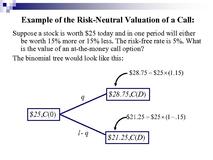 Example of the Risk-Neutral Valuation of a Call: Suppose a stock is worth $25