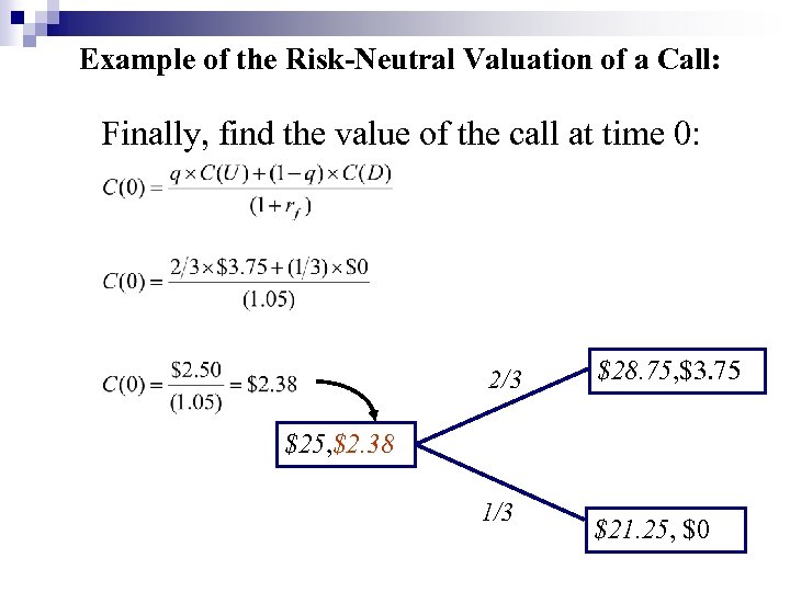 Example of the Risk-Neutral Valuation of a Call: Finally, find the value of the