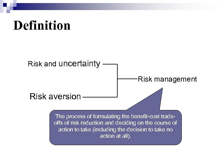 Definition Risk and uncertainty Risk management Risk aversion The process of formulating the benefit-cost