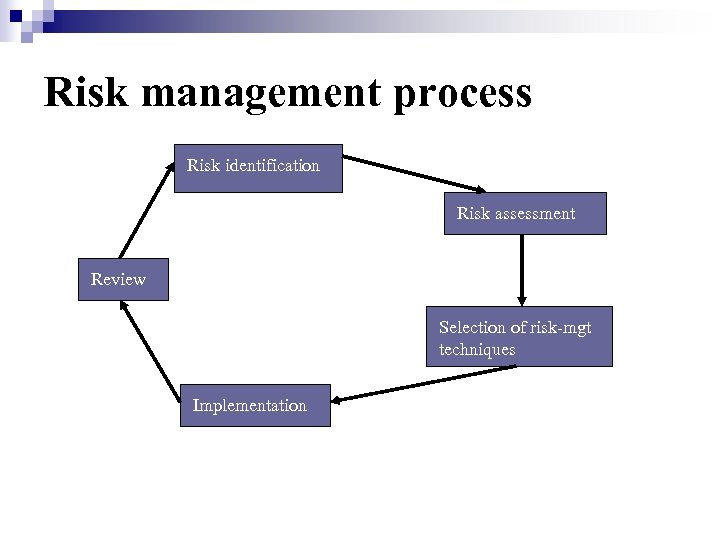 Risk management process Risk identification Risk assessment Review Selection of risk-mgt techniques Implementation 