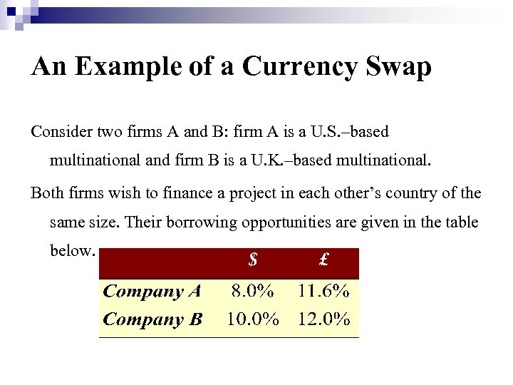 An Example of a Currency Swap Consider two firms A and B: firm A