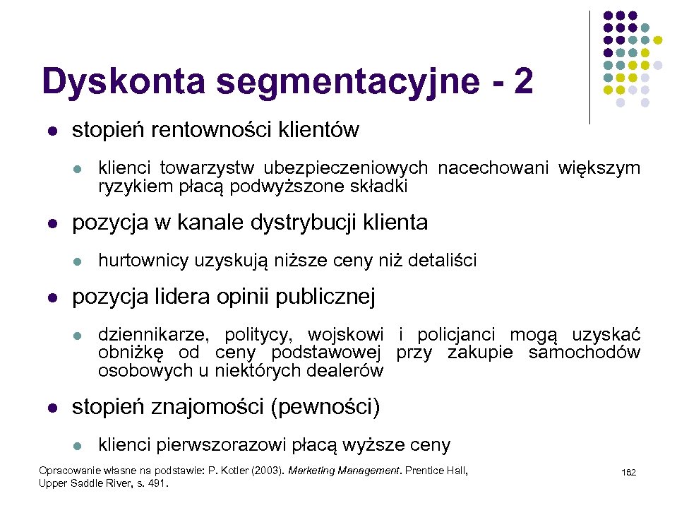 Dyskonta segmentacyjne - 2 l stopień rentowności klientów l l pozycja w kanale dystrybucji