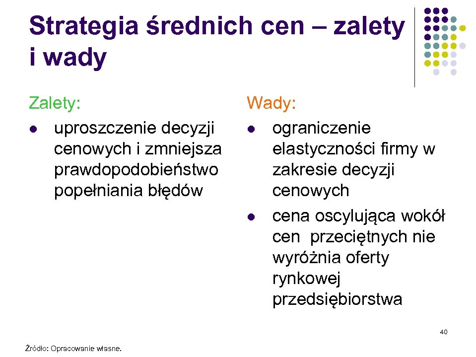 Strategia średnich cen – zalety i wady Zalety: l uproszczenie decyzji cenowych i zmniejsza