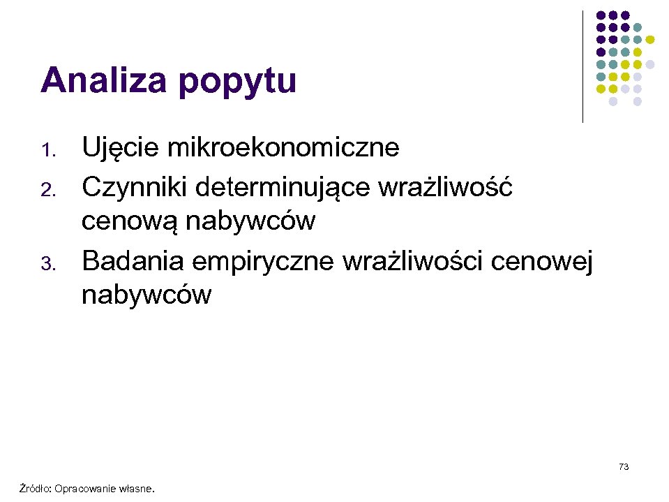 Analiza popytu 1. 2. 3. Ujęcie mikroekonomiczne Czynniki determinujące wrażliwość cenową nabywców Badania empiryczne