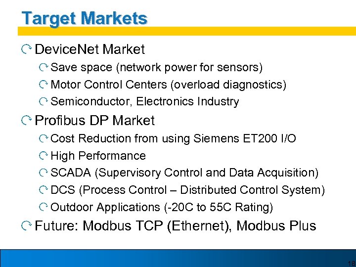 Target Markets Device. Net Market Save space (network power for sensors) Motor Control Centers