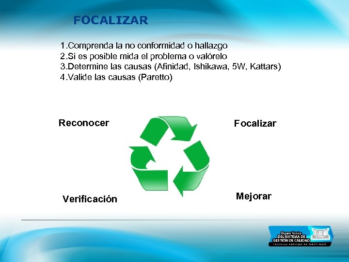 FOCALIZAR 1. Comprenda la no conformidad o hallazgo 2. Si es posible mida el