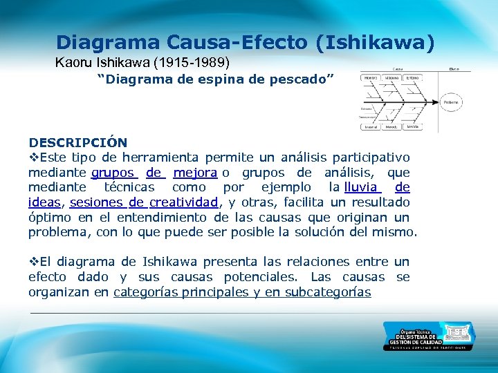Diagrama Causa-Efecto (Ishikawa) Kaoru Ishikawa (1915 -1989) “Diagrama de espina de pescado” DESCRIPCIÓN v.