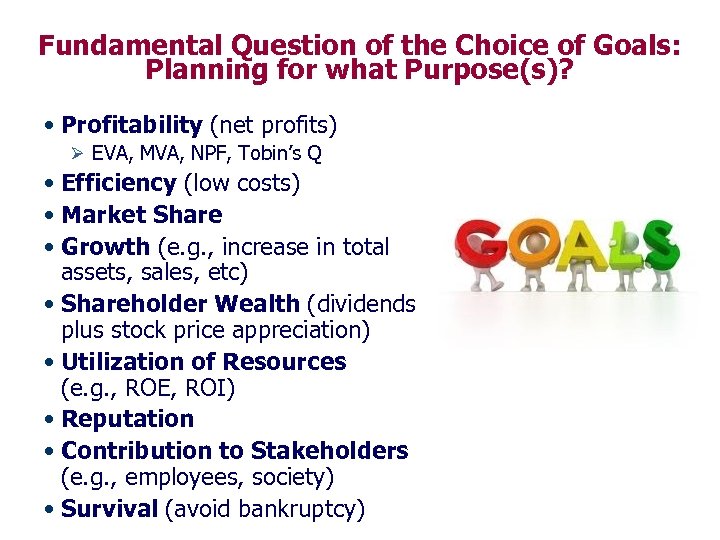 Fundamental Question of the Choice of Goals: Planning for what Purpose(s)? • Profitability (net