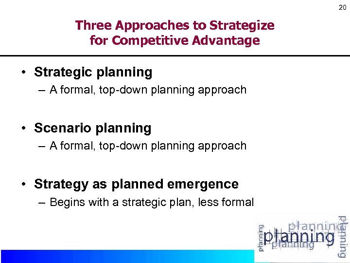 20 Three Approaches to Strategize for Competitive Advantage • Strategic planning – A formal,