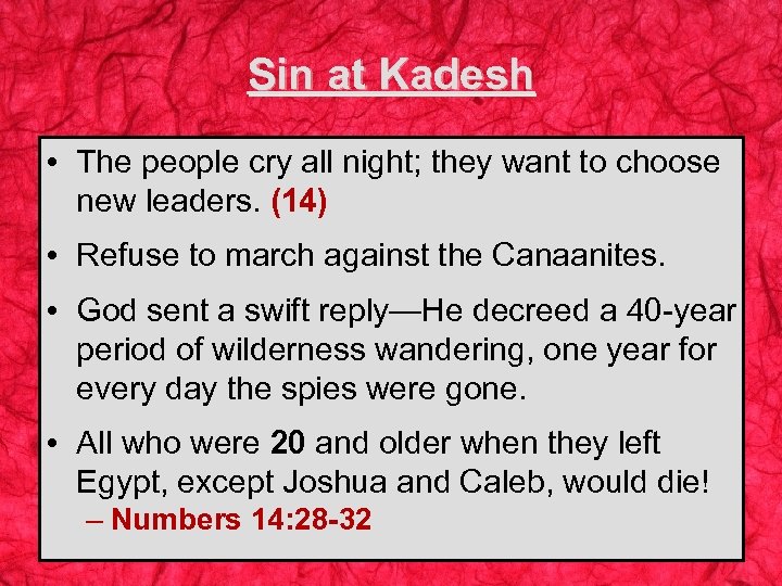 Sin at Kadesh • The people cry all night; they want to choose new