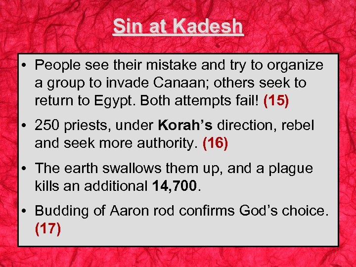 Sin at Kadesh • People see their mistake and try to organize a group