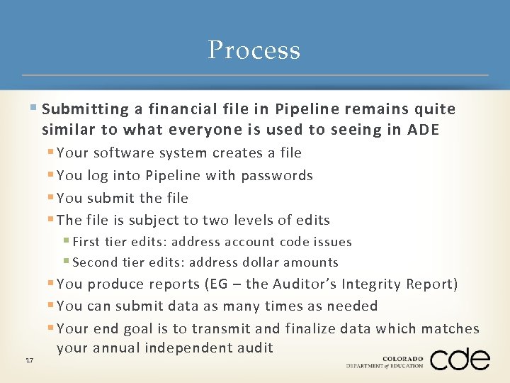 Process § Submitting a financial file in Pipeline remains quite similar to what everyone