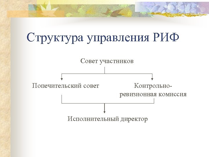 Структура управления РИФ Совет участников Попечительский совет Контрольноревизионная комиссия Исполнительный директор 
