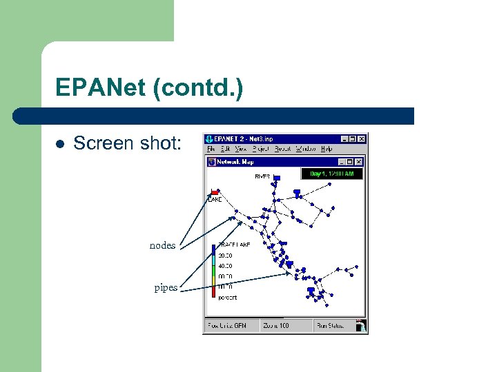 EPANet (contd. ) l Screen shot: nodes pipes 