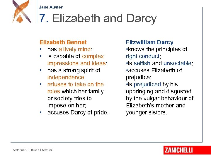 Jane Austen 7. Elizabeth and Darcy Elizabeth Bennet • has a lively mind; •
