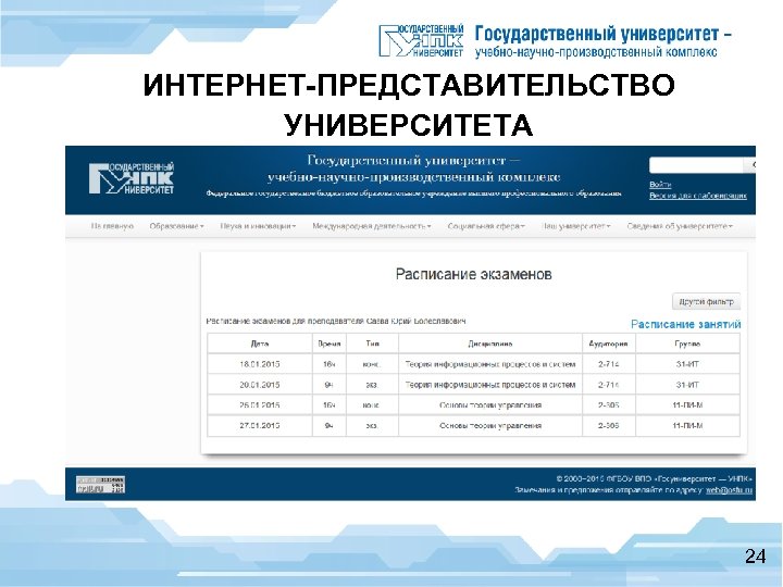 ИНТЕРНЕТ-ПРЕДСТАВИТЕЛЬСТВО УНИВЕРСИТЕТА Подсистема «Расписание экзаменов» 24 