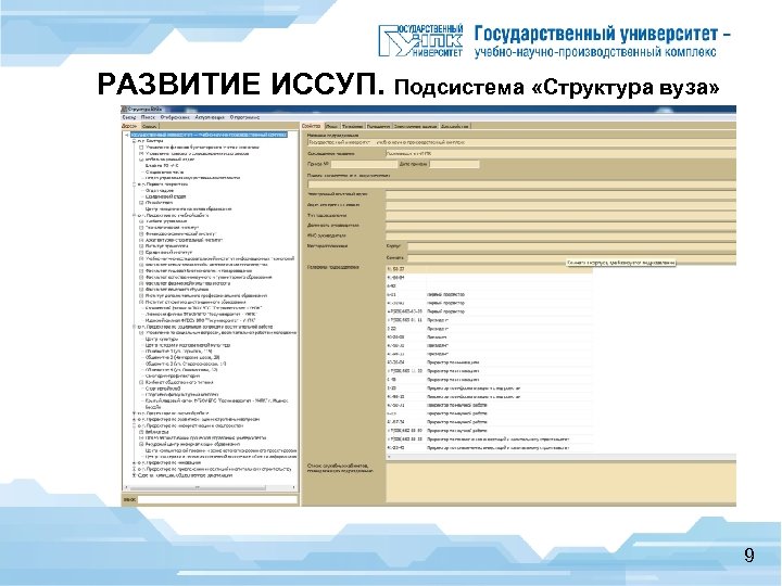 РАЗВИТИЕ ИССУП. Подсистема «Структура вуза» 9 