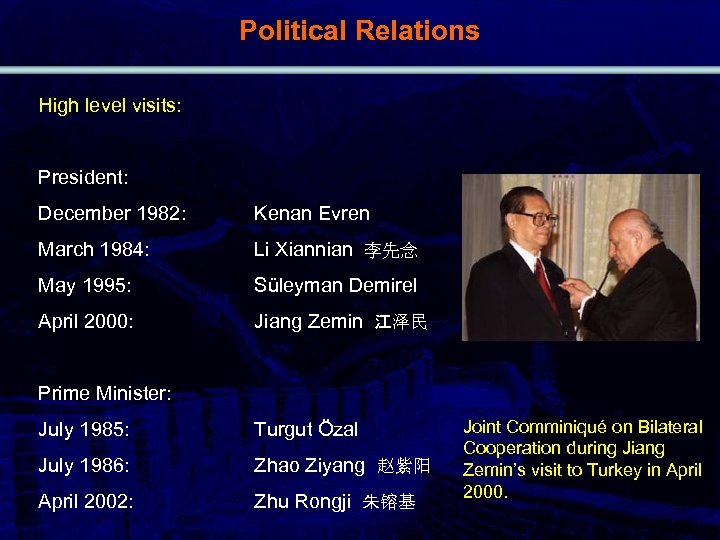 Political Relations High level visits: President: December 1982: Kenan Evren March 1984: Li Xiannian