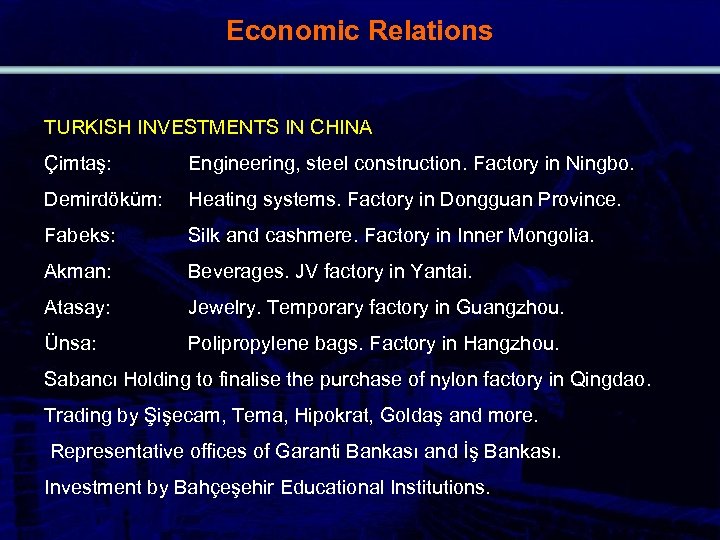 Economic Relations TURKISH INVESTMENTS IN CHINA Çimtaş: Engineering, steel construction. Factory in Ningbo. Demirdöküm: