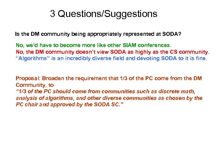 3 Questions/Suggestions Is the DM community being appropriately represented at SODA? No, we’d have