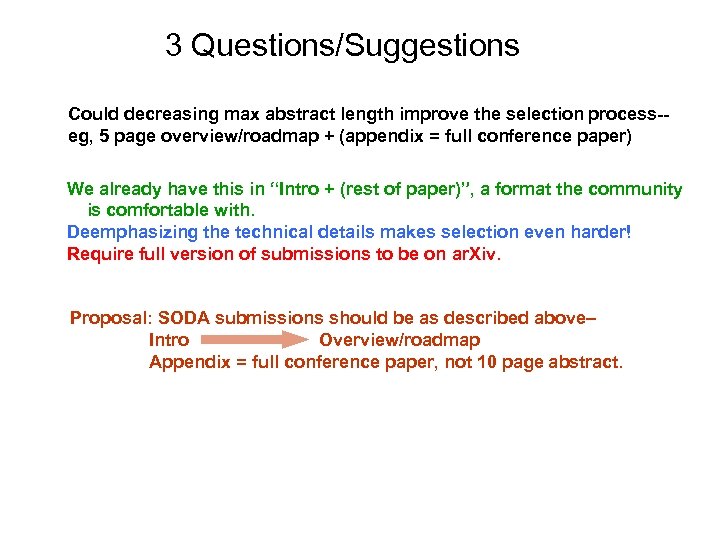 3 Questions/Suggestions Could decreasing max abstract length improve the selection process-eg, 5 page overview/roadmap