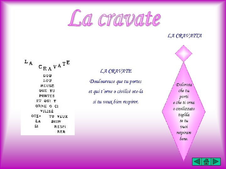 LA CRAVATTA LA CRAVATE Douloureuse que tu portes et qui t’orne o civilisé ote-la