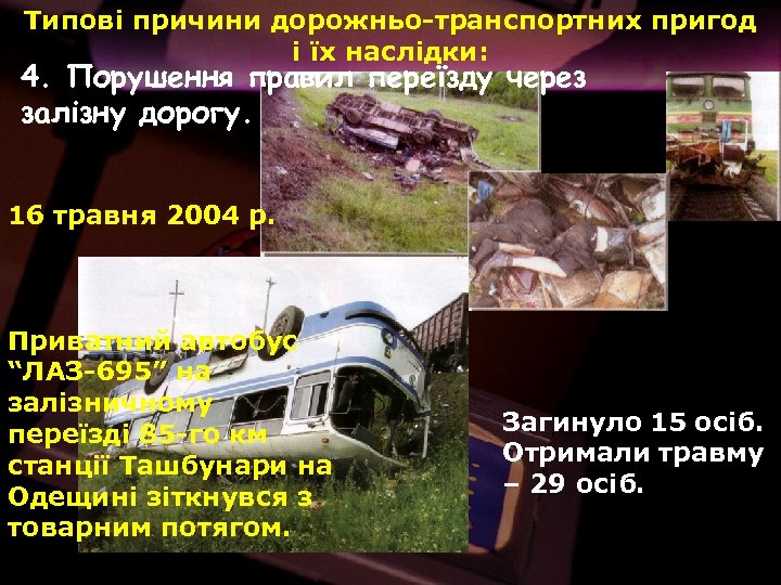 Типові причини дорожньо-транспортних пригод і їх наслідки: 4. Порушення правил переїзду через залізну дорогу.