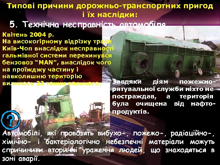 Типові причини дорожньо-транспортних пригод і їх наслідки: 5. Технічна несправність автомобіля. Квітень 2004 р.