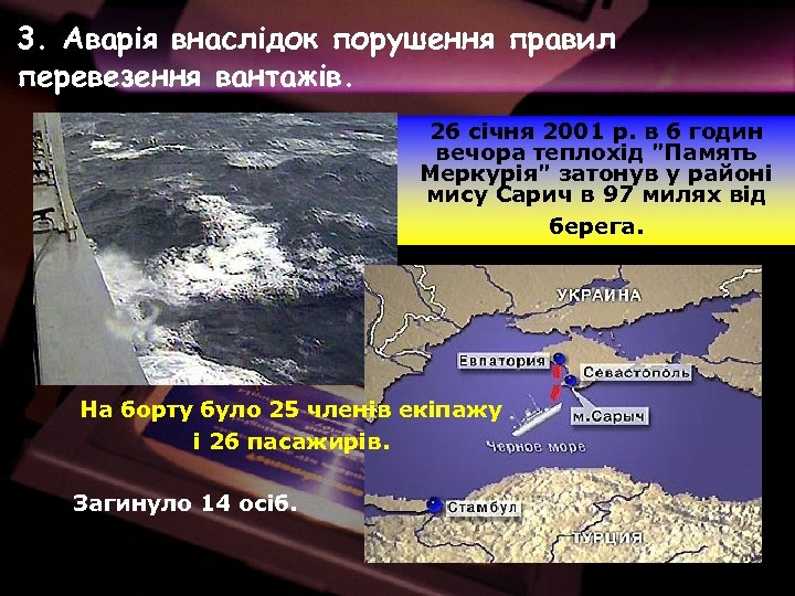 3. Аварія внаслідок порушення правил перевезення вантажів. 26 січня 2001 р. в 6 годин