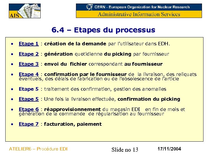 6. 4 – Etapes du processus • Etape 1 : création de la demande