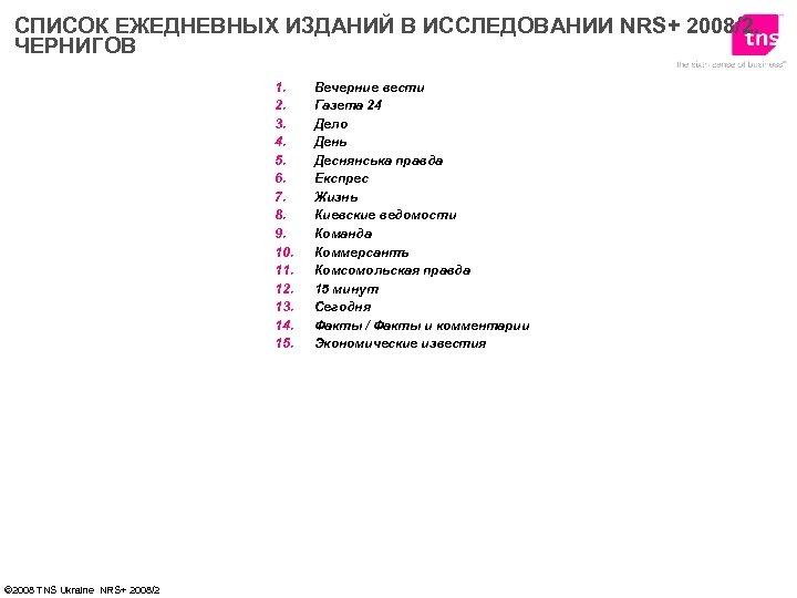 СПИСОК ЕЖЕДНЕВНЫХ ИЗДАНИЙ В ИССЛЕДОВАНИИ NRS+ 2008/2. ЧЕРНИГОВ 1. 2. 3. 4. 5. 6.