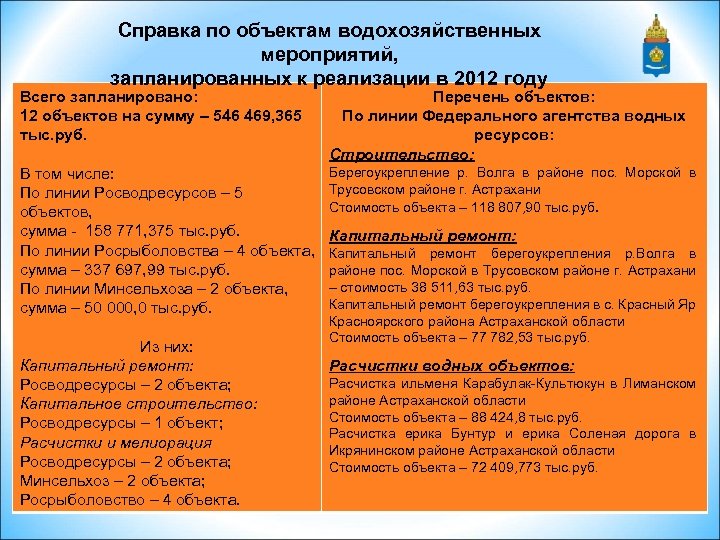 Справка по объектам водохозяйственных мероприятий, запланированных к реализации в 2012 году Всего запланировано: 12