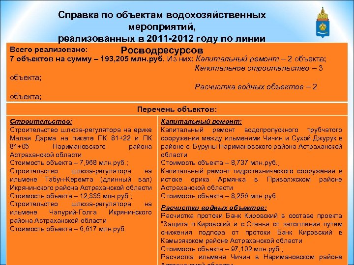 Справка по объектам водохозяйственных мероприятий, реализованных в 2011 -2012 году по линии Всего реализовано: