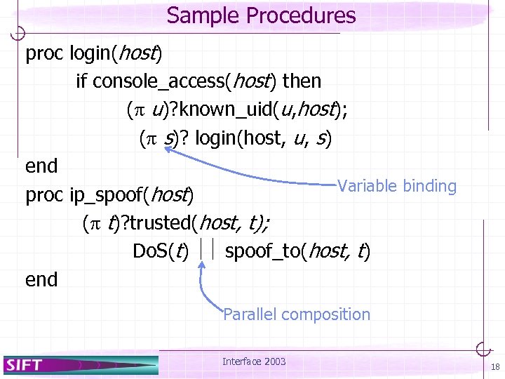 Sample Procedures proc login(host) if console_access(host) then ( u)? known_uid(u, host); ( s)? login(host,