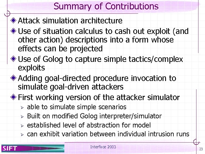 Summary of Contributions Attack simulation architecture Use of situation calculus to cash out exploit