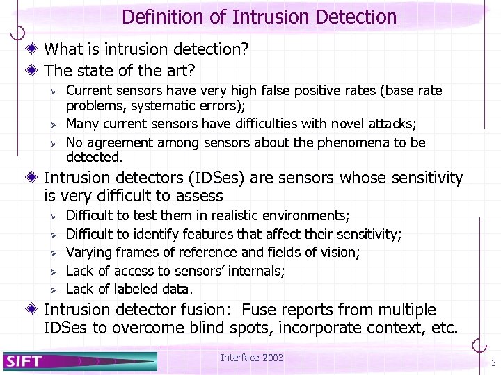 Definition of Intrusion Detection What is intrusion detection? The state of the art? Ø