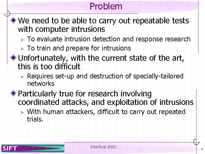 Problem We need to be able to carry out repeatable tests with computer intrusions