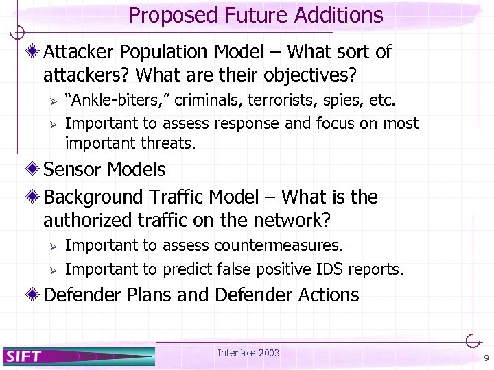 Proposed Future Additions Attacker Population Model – What sort of attackers? What are their