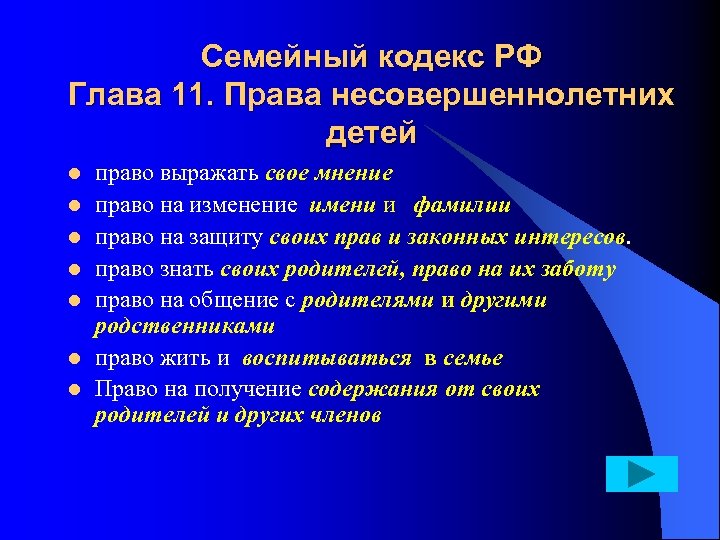 Семейный кодекс РФ Глава 11. Права несовершеннолетних детей l l l l право выражать