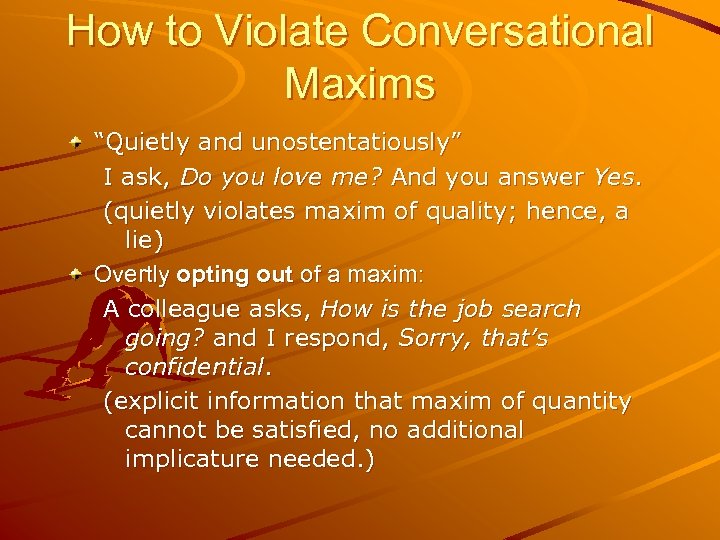 How to Violate Conversational Maxims “Quietly and unostentatiously” I ask, Do you love me?