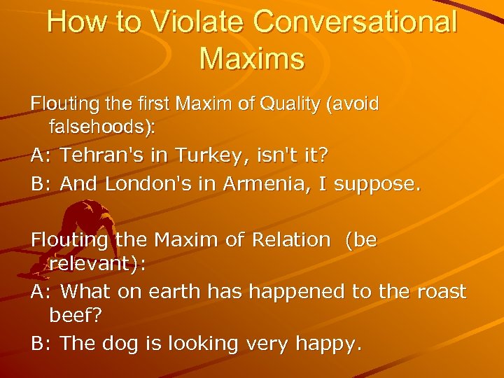 How to Violate Conversational Maxims Flouting the first Maxim of Quality (avoid falsehoods): A: