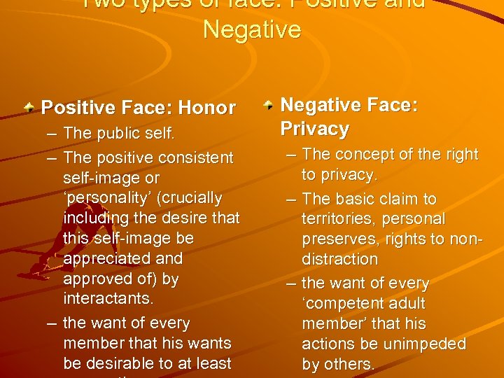 Two types of face: Positive and Negative Positive Face: Honor – The public self.
