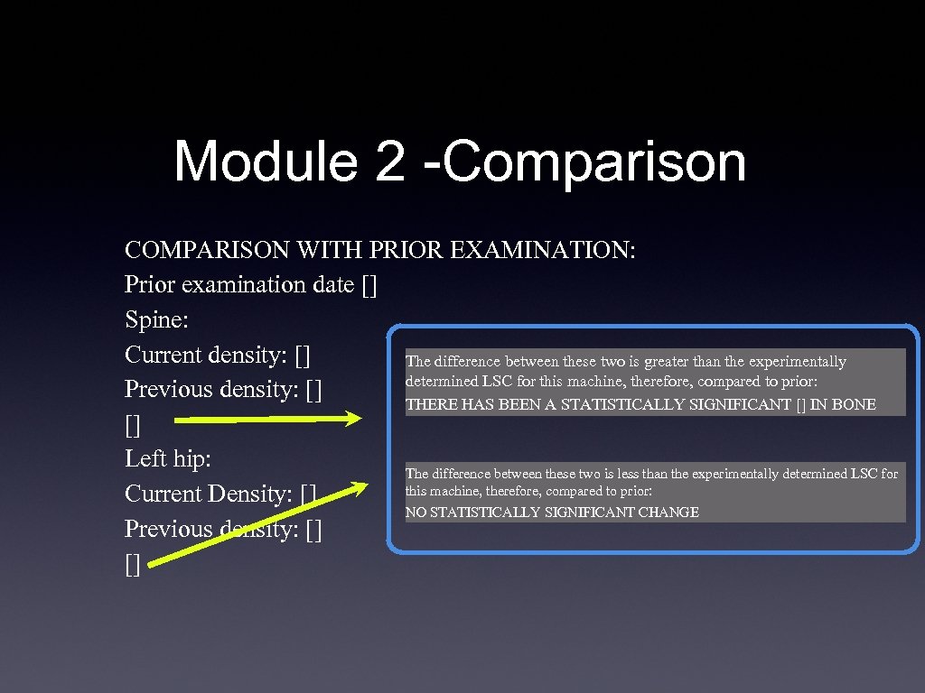 Module 2 -Comparison COMPARISON WITH PRIOR EXAMINATION: Prior examination date [] Spine: Current density: