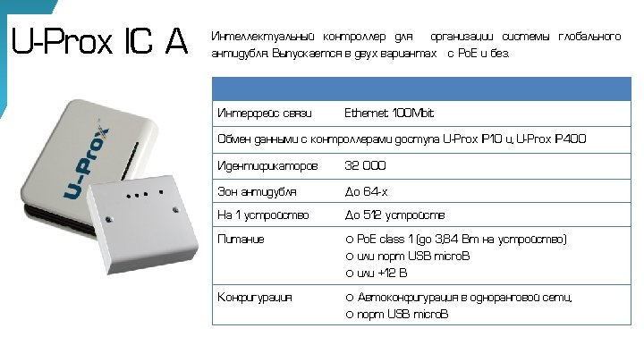 U-Prox IC A Интеллектуальный контроллер для организации системы глобального антидубля. Выпускается в двух вариантах