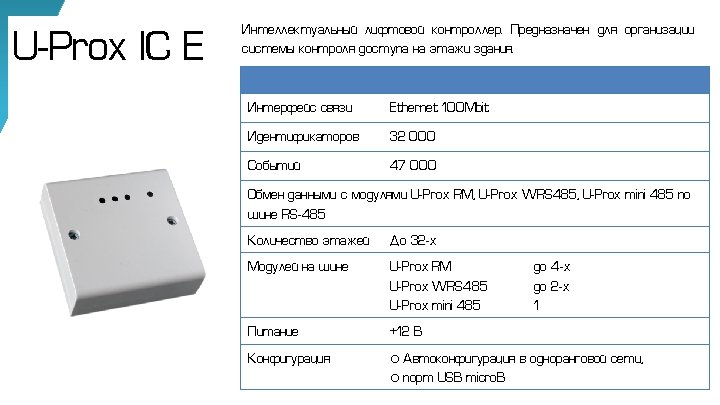 U-Prox IC E Интеллектуальный лифтовой контроллер. Предназначен для организации системы контроля доступа на этажи