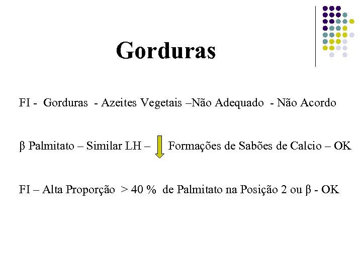 Gorduras FI - Gorduras - Azeites Vegetais –Não Adequado - Não Acordo β Palmitato