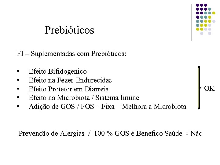 Prebióticos FI – Suplementadas com Prebióticos: • • • Efeito Bifidogenico Efeito na Fezes