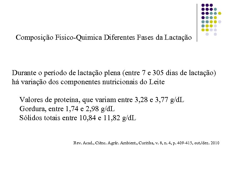 Composição Fisico-Quimica Diferentes Fases da Lactação Durante o período de lactação plena (entre 7