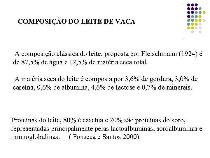 COMPOSIÇÃO DO LEITE DE VACA A composição clássica do leite, proposta por Fleischmann (1924)