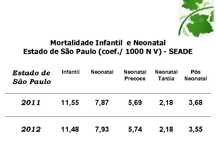 Mortalidade Infantil e Neonatal Estado de São Paulo (coef. / 1000 N V) -
